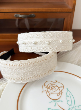 4cm宽 可爱气质白色花纹蕾丝发箍宽边珍珠少女头饰甜美头箍发卡女