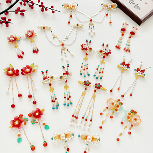 中秋头饰国风可爱发夹对夹额头链汉服古风发饰发卡对夹花朵小夹子