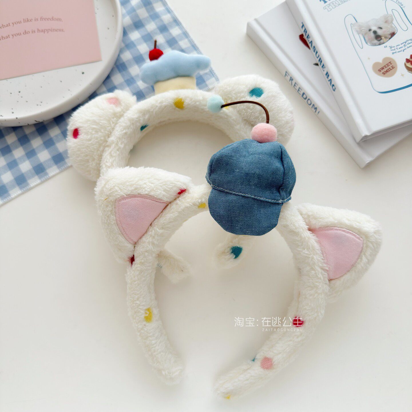 可爱卡通白色小猫毛绒猫耳朵发箍头箍侦探帽樱桃发卡小熊猫咪头饰