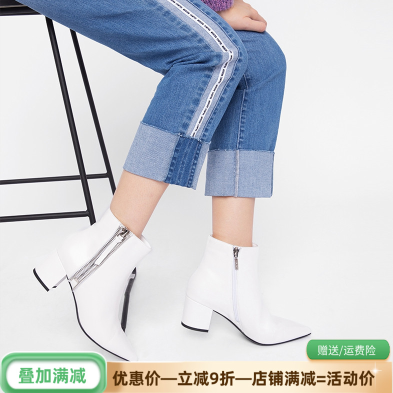 Aee/爱意冬靴羊皮尖头高跟粗跟短靴女侧拉链短筒靴子1618505032