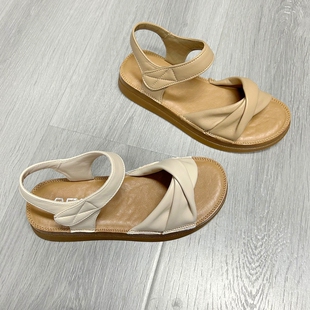 软牛皮凉鞋夏季新款Aee/爱意女鞋休闲百搭魔术贴平底鞋