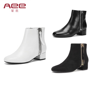 Aee 靴子牛皮OL通勤粗跟拉链方头中跟女短靴子1618505033 爱意冬季