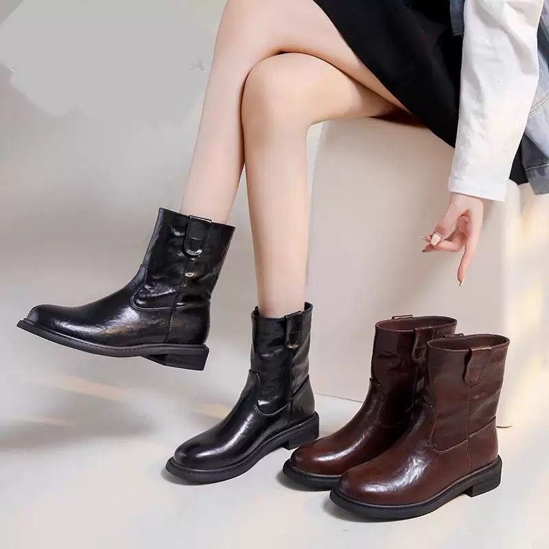 英伦风马丁靴复古做旧压纹西部靴低跟圆头牛皮短靴加绒女靴,女鞋,时装靴,淘宝优惠券,粉丝福利购,淘宝优惠卷