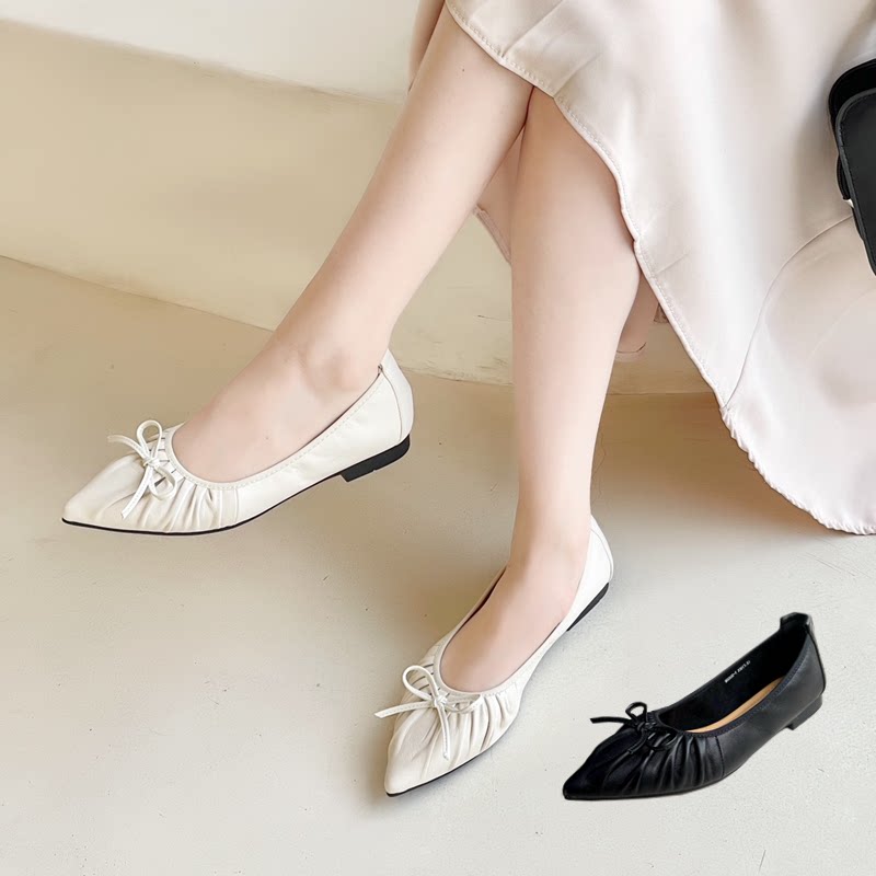 Aee/爱意浅口尖头单鞋女2025新款羊皮瓢鞋舒适平底鞋蝴蝶结