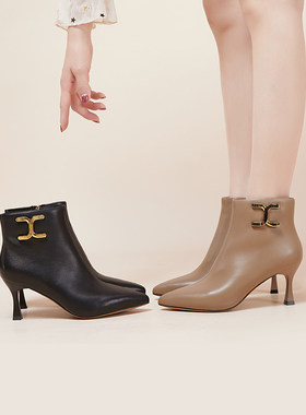 SM/奢谜 短靴尖头高跟时装靴羊皮细跟侧拉链女靴1505013