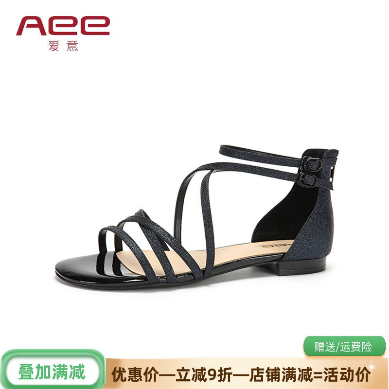 Aee/爱意女鞋夏季平底鞋格利特带后拉链露趾低跟女凉鞋1617203021