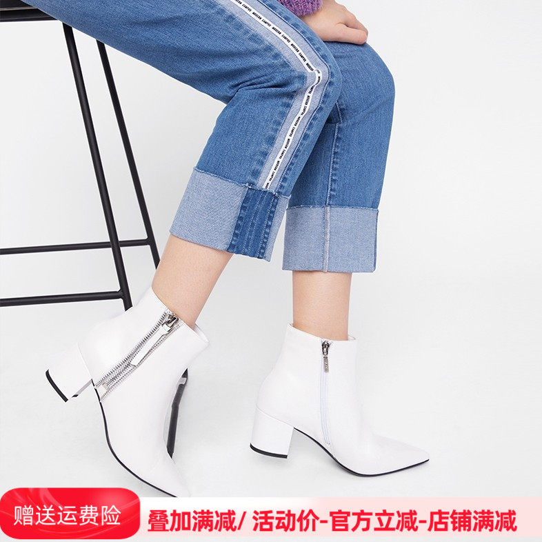 Aee/爱意冬靴羊皮尖头高跟粗跟短靴女侧拉链短筒靴子1618505032