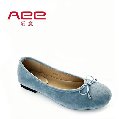 Aee/爱意春秋女单鞋浅口舒适豆豆鞋法式蝴蝶结圆头平底鞋温柔绒布