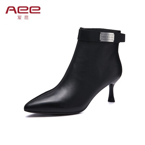 尖头短靴女鞋Aee/爱意羊皮时尚