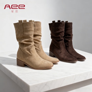 Aee/爱意新款褶皱堆堆靴女粗跟中筒靴显瘦百搭西部靴子复古方头