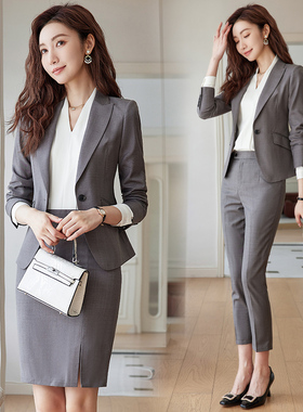 灰色西装套装女气质时尚女神范显瘦西服正装售楼部经理前台工作服