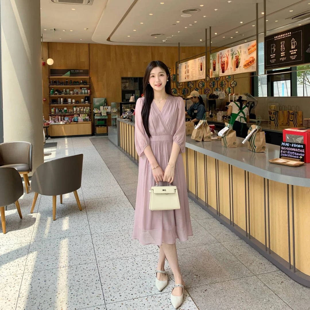 有里布纯色V领宽松裙子2025夏季新款显瘦中长款连衣裙显瘦裙时尚