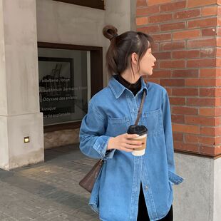 开衫夏季新款韩版牛仔衬衫女宽松外套百搭长袖小众复古设计感上衣