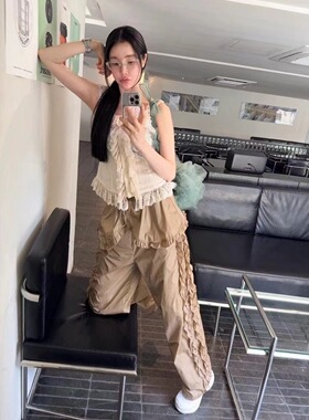 正品现货韩国东大门HELDER老板娘荷花边装饰轻薄面料清爽休闲裤