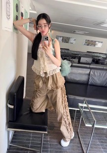 正品现货韩国东大门HELDER老板娘荷花边装饰轻薄面料清爽休闲裤