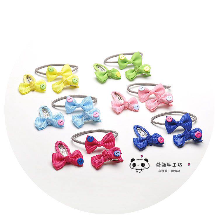 韩国版儿童发夹纽扣蝴蝶结宝宝BB夹婴儿边夹女童发圈发绳套装组合