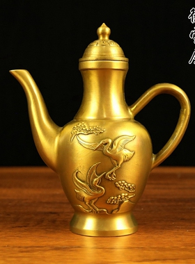 铜铜酒壶中式客厅餐厅松鹤摆件