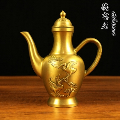 铜铜酒壶中式客厅餐厅松鹤摆件