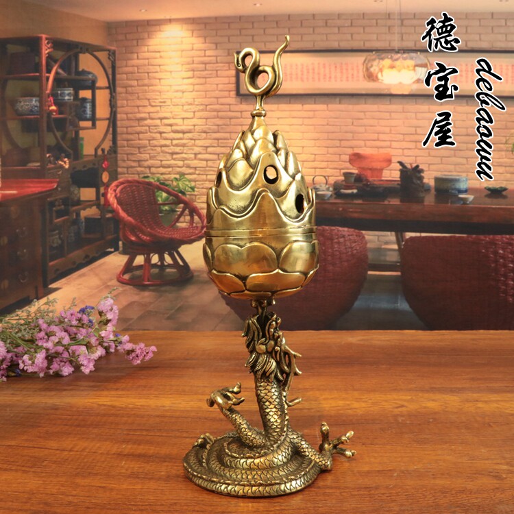 黄铜博山炉仿古纯铜朱雀莲花博山炉创意 家居摆设盘龙莲花熏香炉