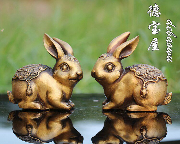 纯铜兔子一对福字兔子小号生肖兔黄铜家居卧室办公室摆件开业礼品