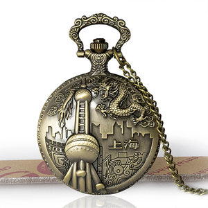 上海东方明珠图时尚老人学生男女士复古翻盖怀表石英手表项链挂表