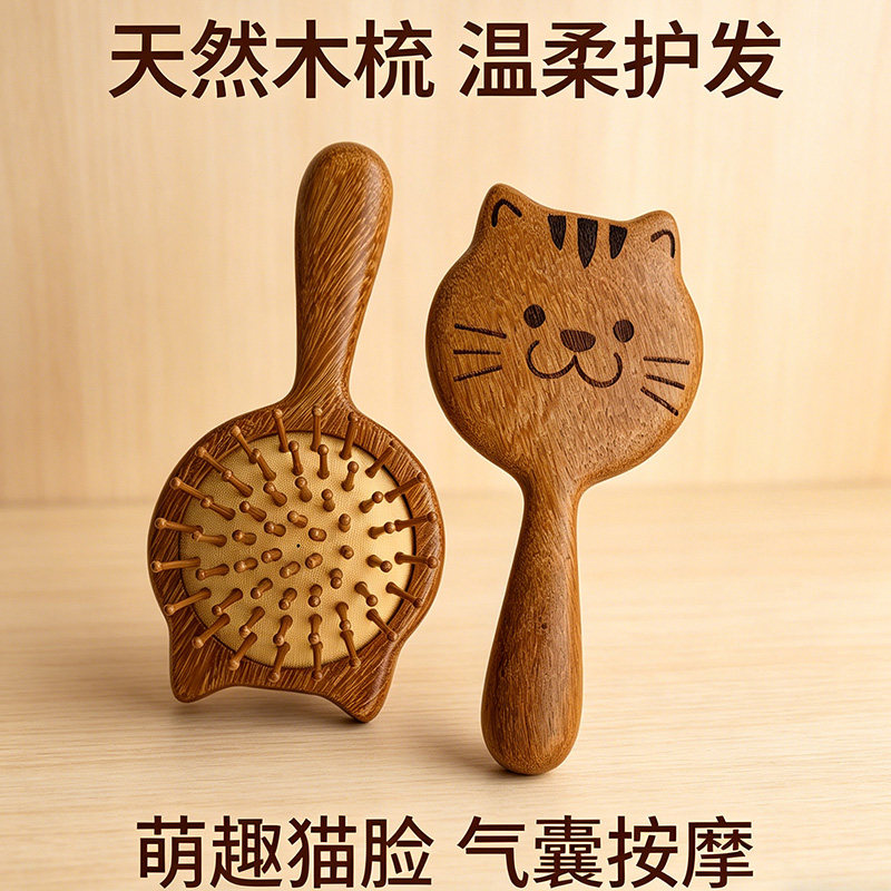 红檀香木气垫梳可爱小猫气囊梳子实木按摩梳头部经络梳女士家用梳