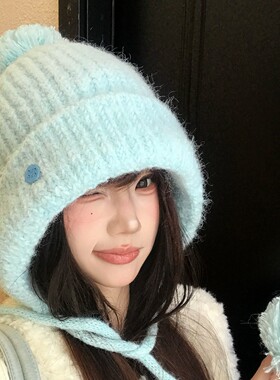 蓝色毛球针织护耳帽女秋冬韩版百搭显脸小毛线帽加厚保暖包头帽子