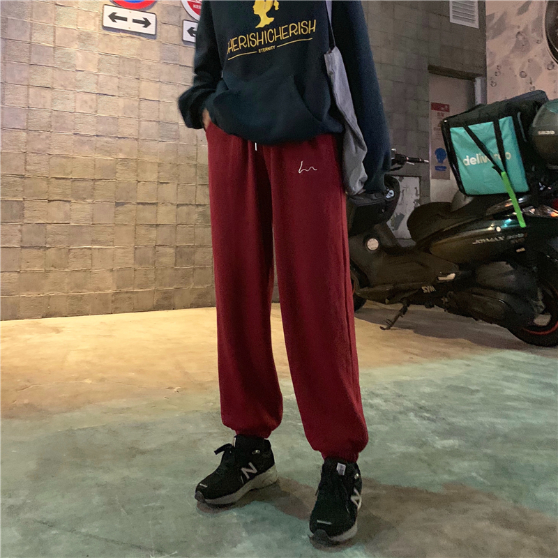 Real price embroidered Plush sports pants women's high waist loose legged straight pants