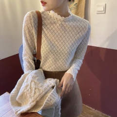 Real price half high neck lace slim top with long sleeves