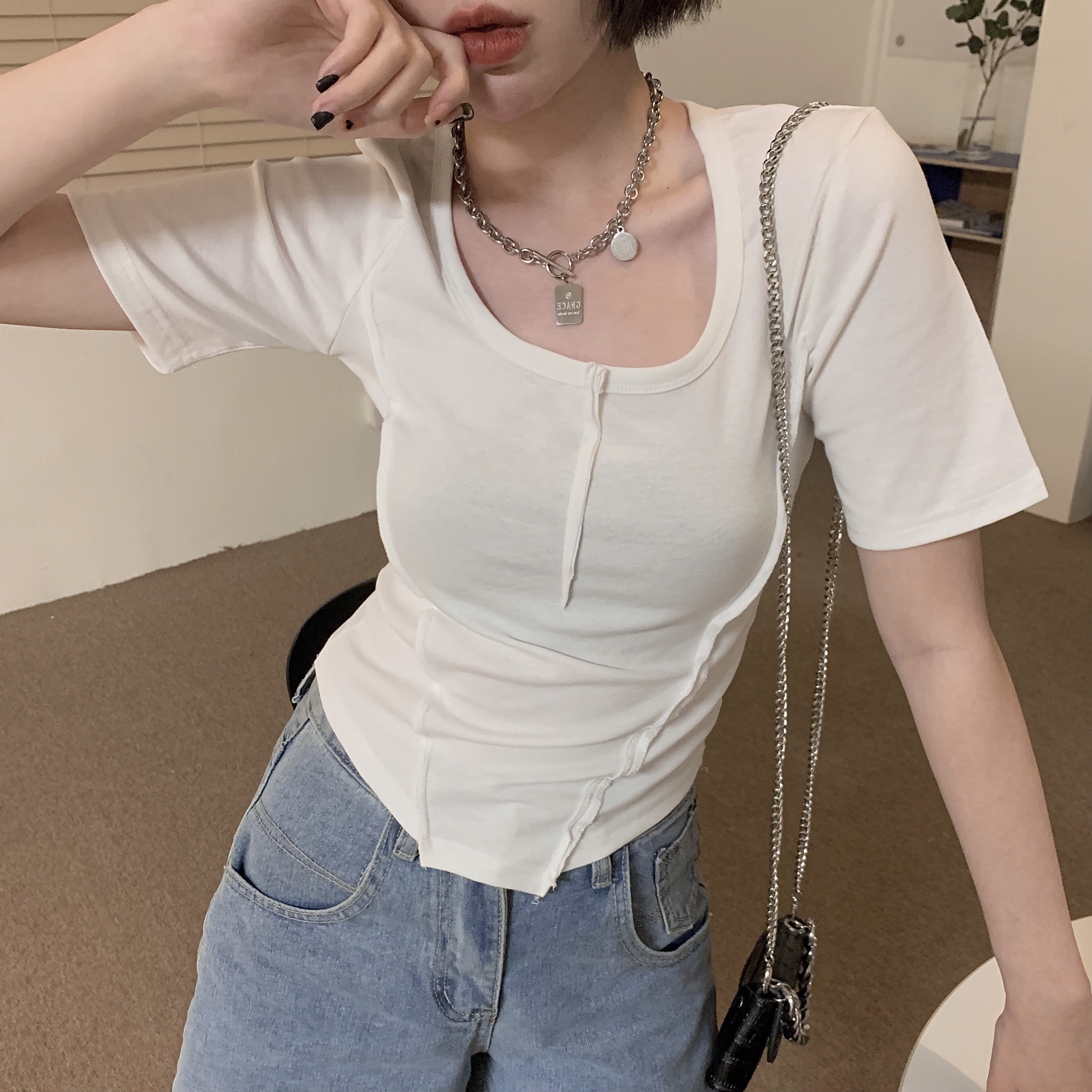 Real price solid color round neck thin irregular top slim T-shirt girl