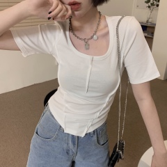 Real price solid color round neck thin irregular top slim T-shirt girl