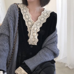 Real shot real price loose lace edge temperament medium length velvet long sleeve skirt dress