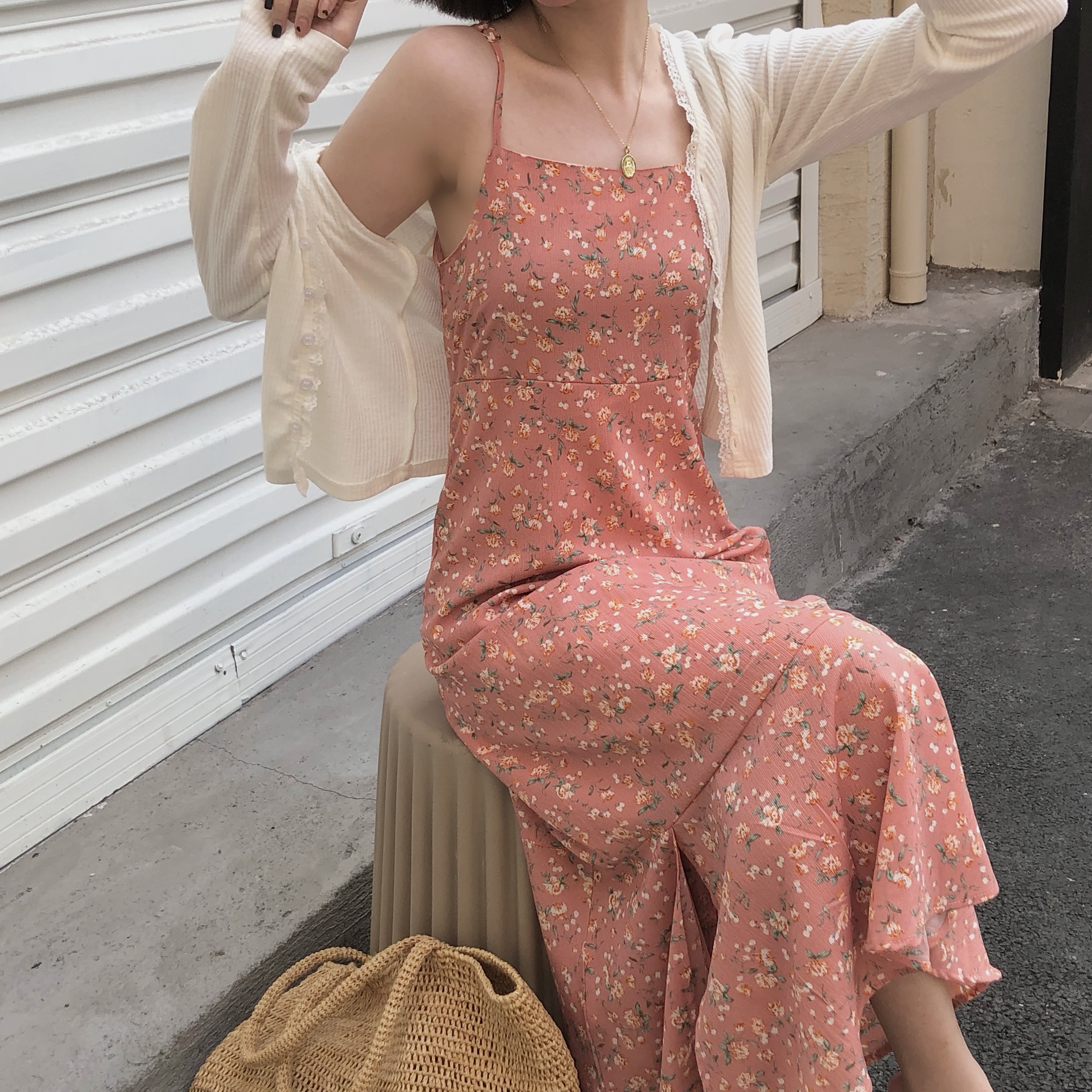 French mid length split Chiffon print slim suspender dress