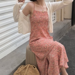 French mid length split Chiffon print slim suspender dress