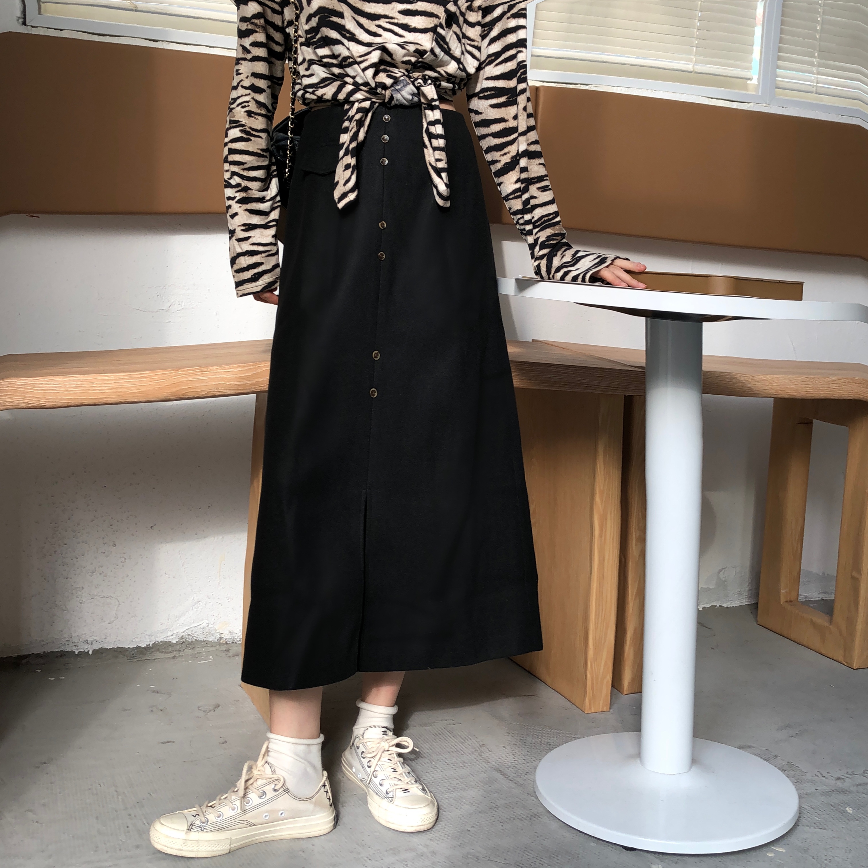 Real price autumn and winter solid color woollen skirt with button and slit long skirt