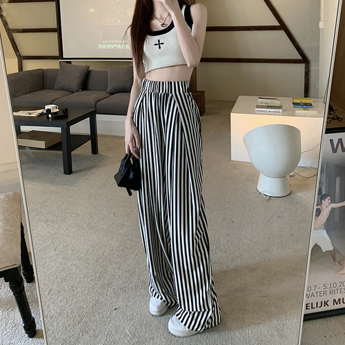 Real price black and white striped wide leg pants elastic waist straight tube long leg pants pocket casual pants women