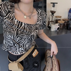 Real shot real price Korean version show thin show thin short Zebra Print short sleeve T-shirt for women