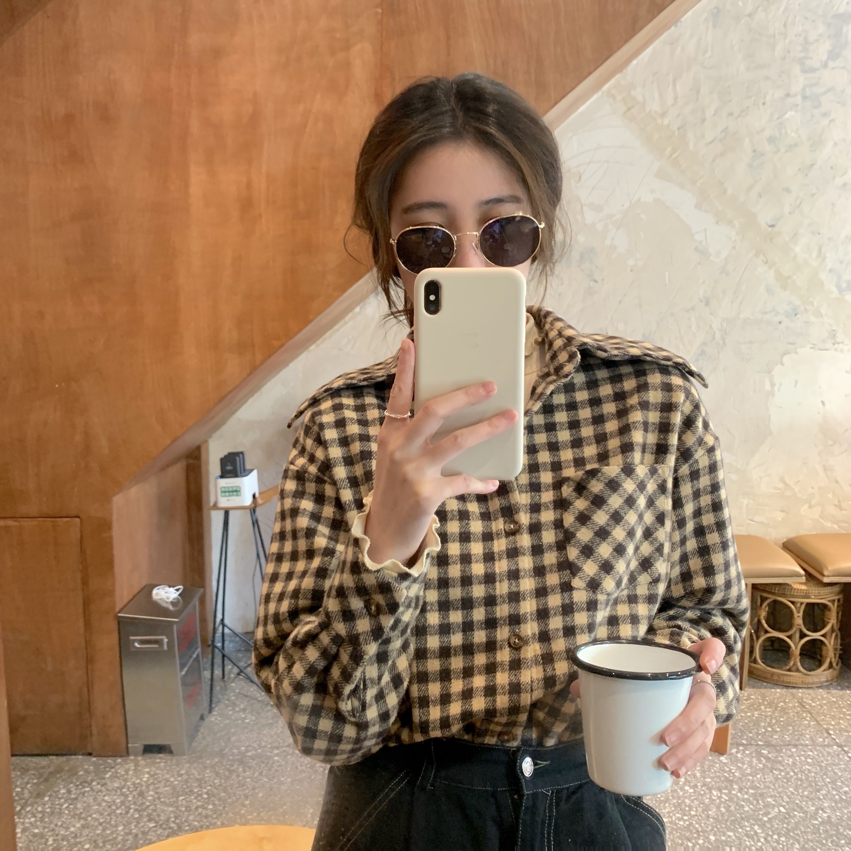 Real shot real price winter new thickened long sleeve cardigan top single breasted frosted plaid shirt for women