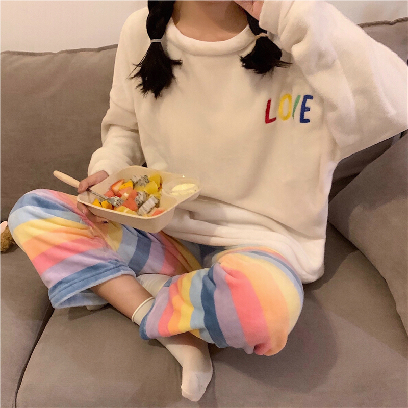 Two piece set of solid color round collar pajamas + rainbow wide leg home wear