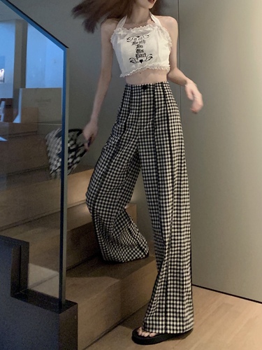 Real shot of summer high-waist slim trousers, open-stitched casual plaid trousers, irregular trousers