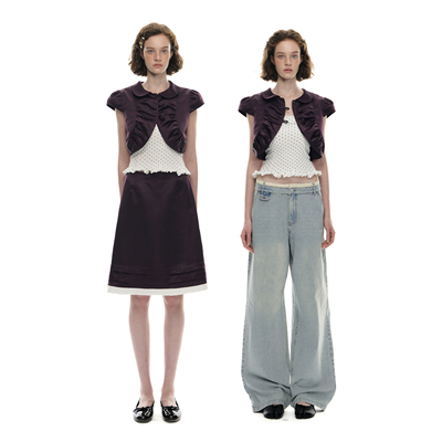 Romance Nanci 富家千金感复古酱紫色缎面娃娃领短袖上衣半裙套装