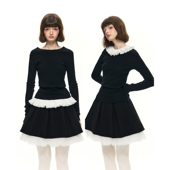 Nanci 可拆卸立体花边领修身 显瘦黑色长袖 Romance 针织衫