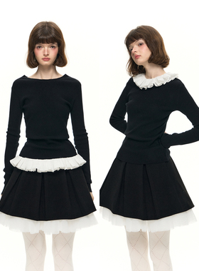 Romance Nanci 可拆卸立体花边领修身显瘦黑色长袖针织衫