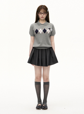 Romance Nanci 菱格纹针织短袖女小众时髦学院风娃娃领毛衫上衣