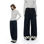 Romance 翻边设计休闲长裤 Nanci 波点拼接宽松百搭直筒牛仔裤