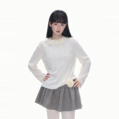 南西 精致荷叶领玫瑰花长袖内搭冬季毛绒绒宽松针织打底衫