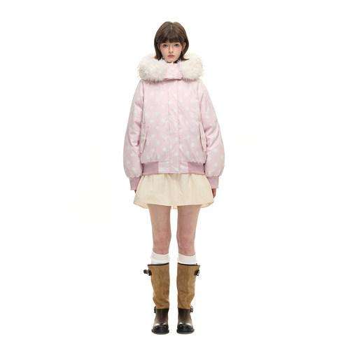 Romance Nanci  粉色波点羽绒服大毛领宽松白鸭绒外套