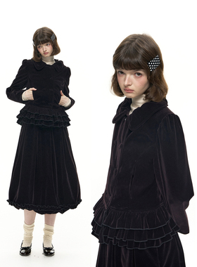 Romance Nanci 酱紫色丝绒可爱复古花苞领双排扣短外套花苞裙套装