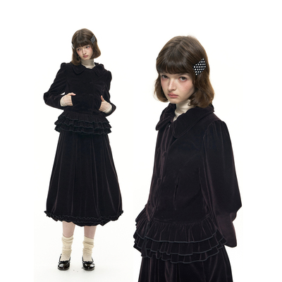 Romance Nanci 酱紫色丝绒可爱复古花苞领双排扣短外套花苞裙套装