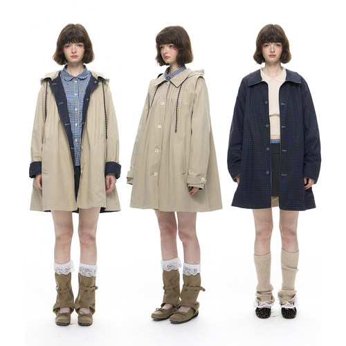 Romance Nanci 双面穿廓形斗篷风衣外套女秋冬中长款可拆卸帽